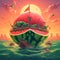 Beautiful surreal digital painting of a watermelon ship floating on a vast watermelon-colored sea