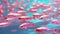 Beautiful surreal pink fishes swimming in the ocean. Iridescent colors. Summer traveling wallpaper.