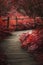 Beautiful surreal red landscape image of wooden boardwalk throughforest in Spring