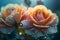 Beautiful Surreal roses with dew drops close-up at golden hour. Floral background. Generative AI illustration