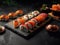 Beautiful sushi dish on black plate, Japanese famous meal. Generative AI