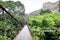 Beautiful suspension bridge into green tree wood forest, hanging bridge on mountain