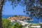 Beautiful Sveti Stefan island in Budva in summer day, view from mountain, Montenegro