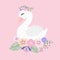 Beautiful swan with flower crown on pink background.