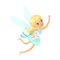 Beautiful sweet blonde Tooth Fairy girl flying with smiling tooth colorful cartoon character vector Illustration