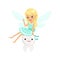 Beautiful sweet blonde Tooth Fairy girl sitting on a big tooth colorful cartoon character vector Illustration