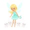 Beautiful sweet blonde Tooth Fairy girl standing surrounded by smiling teeth colorful cartoon character vector