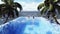 Beautiful swimming pool with bathing man and woman at sunny day, on a lost tropical island. 3D Rendering