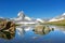 Beautiful Swiss Alps landscape with Stellisee lake and Matterhorn mountain reflection in water, summer mountains view, Zermatt