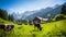 Beautiful swiss cow on green fields with fresh grass at sunny day, Swiss mountains at the background.