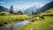 Beautiful swiss cow on green fields with fresh grass at sunny day, Swiss mountains at the background.