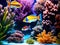 Beautiful symbiosis of group of fishes in coral reef aquarium tank, Ai generated