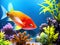 Beautiful symbiosis of group of fishes in coral reef aquarium tank, Ai generated