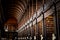 Beautiful symmetric shot of bookshelves in the library with old volumes of books