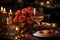 A beautiful table arrangement featuring wine glasses, candles, and a radiant rose