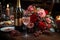 A beautiful table arrangement featuring wine glasses, candles, and a radiant rose