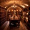 Beautiful table in a candle lit winery restaurant. Glasses of wine standing on a table in a winery cellar with barrels, tasting.