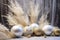 A beautiful table decorated with an elegant assortment of white and gold ornaments, Gold christmas balls, white baubles with dry