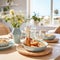 A beautiful table setting in blue and beige.