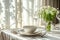 Beautiful table setting for festive family dinner with spring flowers in sun light