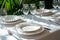 Beautiful table setting for festive family dinner with spring flowers in sun light