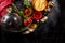 Beautiful Tasty Appetizing Ingredients Spices Grocery for Cooking Healthy Kitchen. Dark Black Background Top View. Flat Lay.