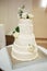 Beautiful and tasty wedding cake at wedding reception. Wedding cake, on white table