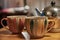 Beautiful teacups and a tea pot on a wooden table. Vintage tea cups on a wooden table