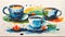 Beautiful teatime art with teacups flowers with copy space