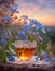 Beautiful teatime outdoors, small teaglass with evening sun and small blue flowers with copy space