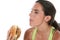 Beautiful Teen Girl Holding Colorful Weights And A Giant Cheeseburger