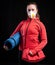 Beautiful teen girl in protective mask with karemat and bag for fitness
