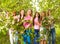 Beautiful teenage girls stand, hold green benches