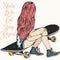 Beautiful teenager girl with pink hair sit on a skateboard. Fashion illustration