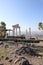 Beautiful temple of Trajan autumn view with white marble columns with blue sky and valley background, ancient city Pergamon, Turke