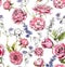 Beautiful and tender, romantic watercolor seamless pattern with roses and briar