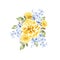 Beautiful tender watercolor bouquet with different flowers. In blue and yellow colors.