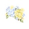 Beautiful tender watercolor bouquet with different flowers. In blue and yellow colors.