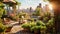 Beautiful terrace in the garden with a view of the city, A beautiful city rooftop garden with beautiful green plants, AI Generated