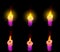 Beautiful thin purple glowing beeswax candle with and without highlight isolated on black, warm concept - 3D illustration of