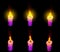 Beautiful thin purple glowing beeswax candle with and without highlight isolated render, date concept - 3D illustration of objects
