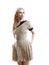 The beautiful thoughtful woman in a beige retro style dress with the fair long hair