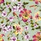 Beautiful tiger lilies and small purple flowers on twigs against light green background. Seamless floral pattern.