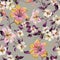 Beautiful tiger lilies and small white flowers on twigs against light background. Seamless floral pattern. Watercolor painting.