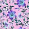 Beautiful tiger lilies on twigs on pink background. Seamless floral pattern in vivid blue, purple colors. Watercolor painting.