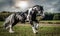 Beautiful tinker horse with long mane walking free in the meadow