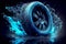 Beautiful tire with aluminum alloy wheel on neon background. The wheel demonstrates safe and efficient driving and