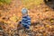 Beautiful toddler boy, walking on rural path on sunset, backlit