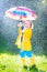 Beautiful toddler with umbrella playing in the rain