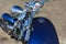 Beautiful top view of a motorcycle, blue motorcycle gas tank, motorcycle steering wheel, Shining chrome, gas handle